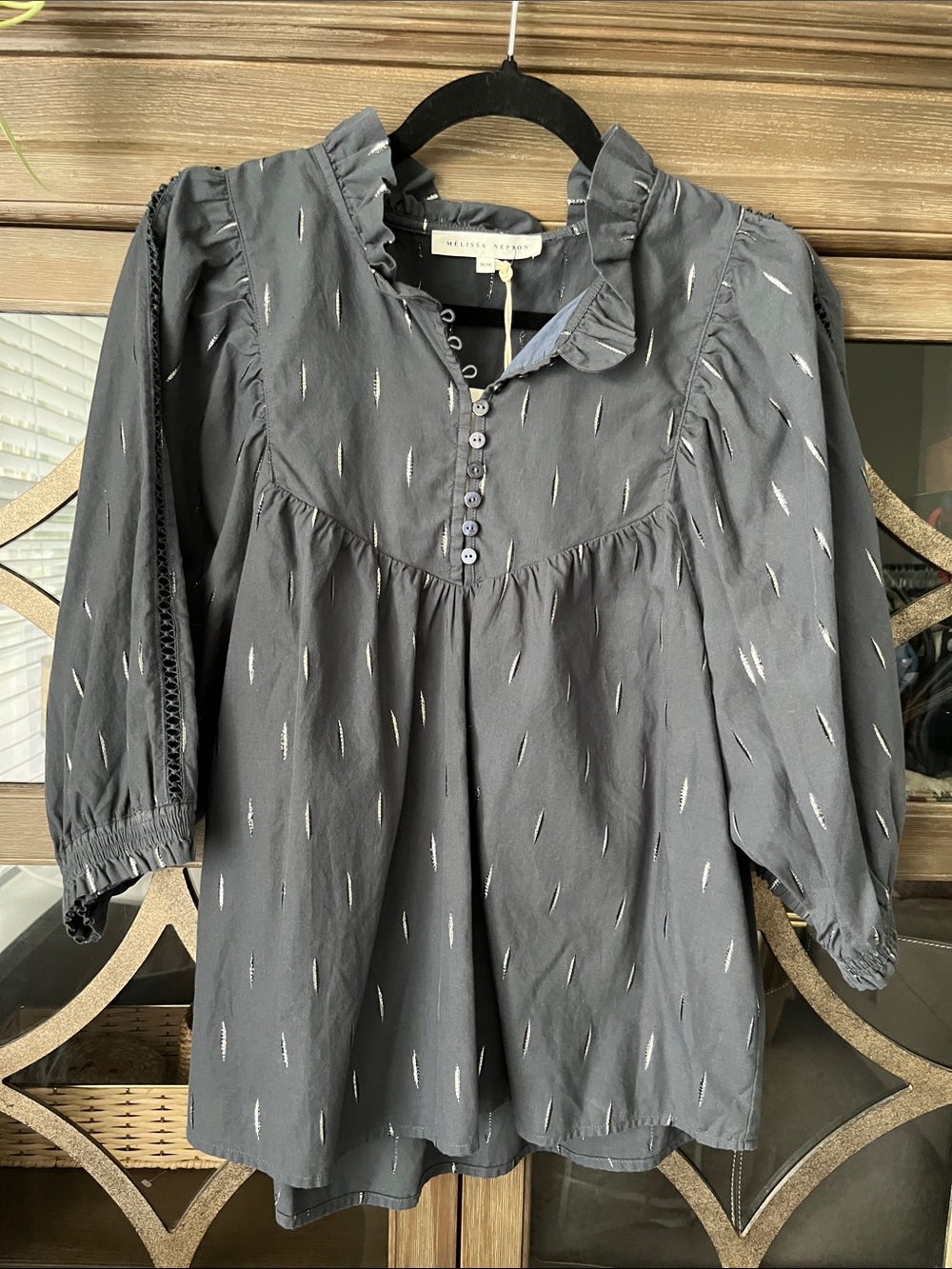 MELISSA NEPTON Navy Ruffle-Trim Blouse with Silver Stitching